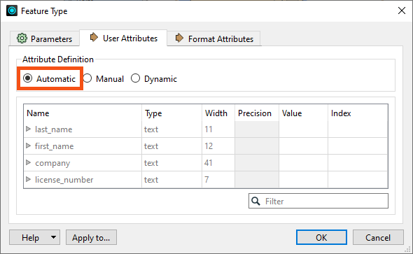 Choosing Automatic attribute definition mode